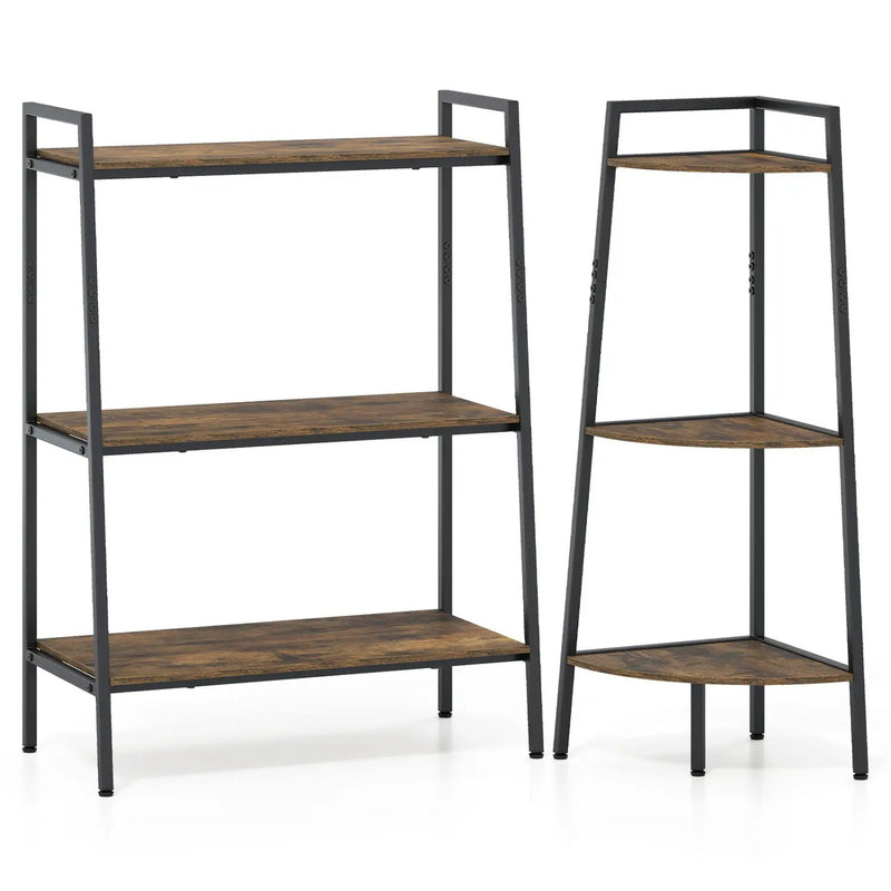 3-Tier Ladder Shelf and Corner Shelf Set with Metal Frame by DirectDeals