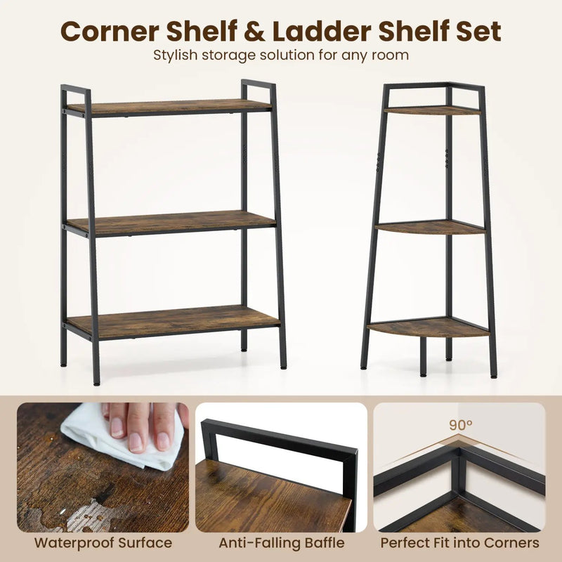 3-Tier Ladder Shelf and Corner Shelf Set with Metal Frame by DirectDeals