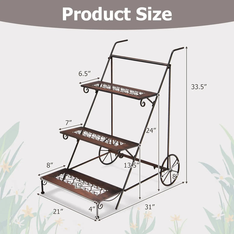 3-Tier Metal Plant Stand with Wheels and Handle for Balcony by DirectDeals