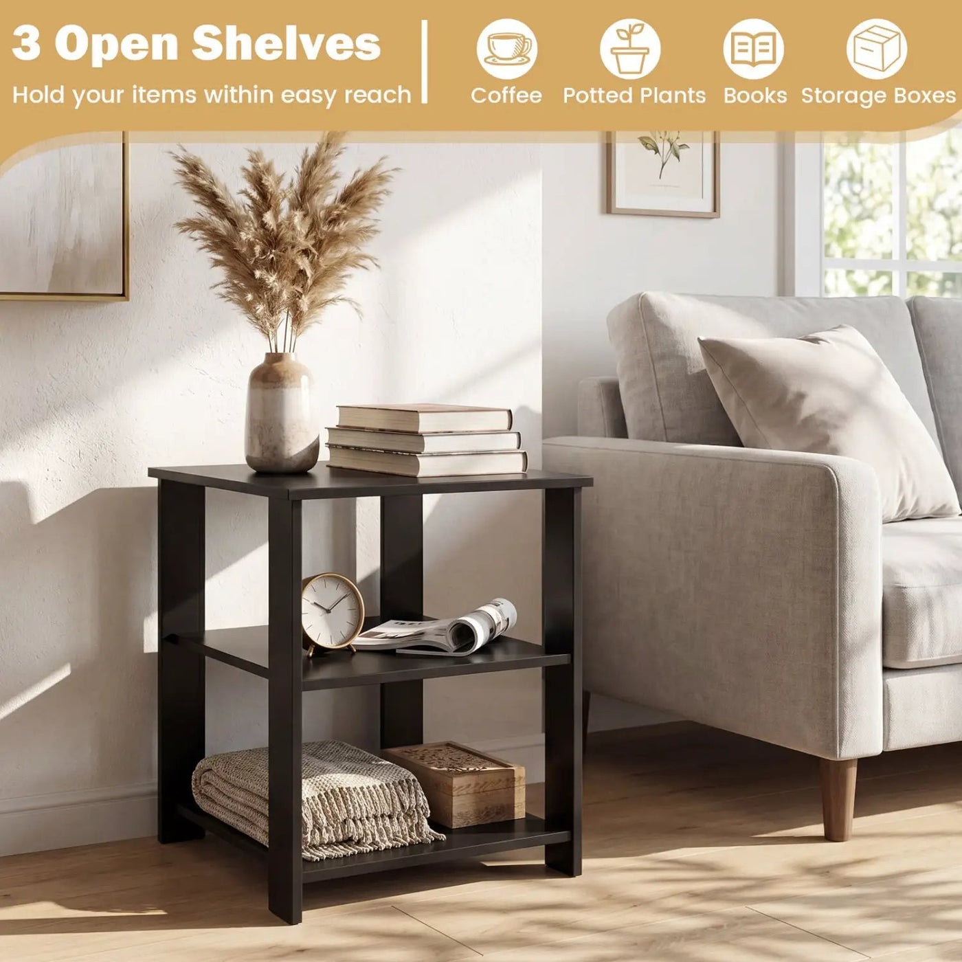 3-Tier Square Side Table with Open Storage Shelves by DirectDeals