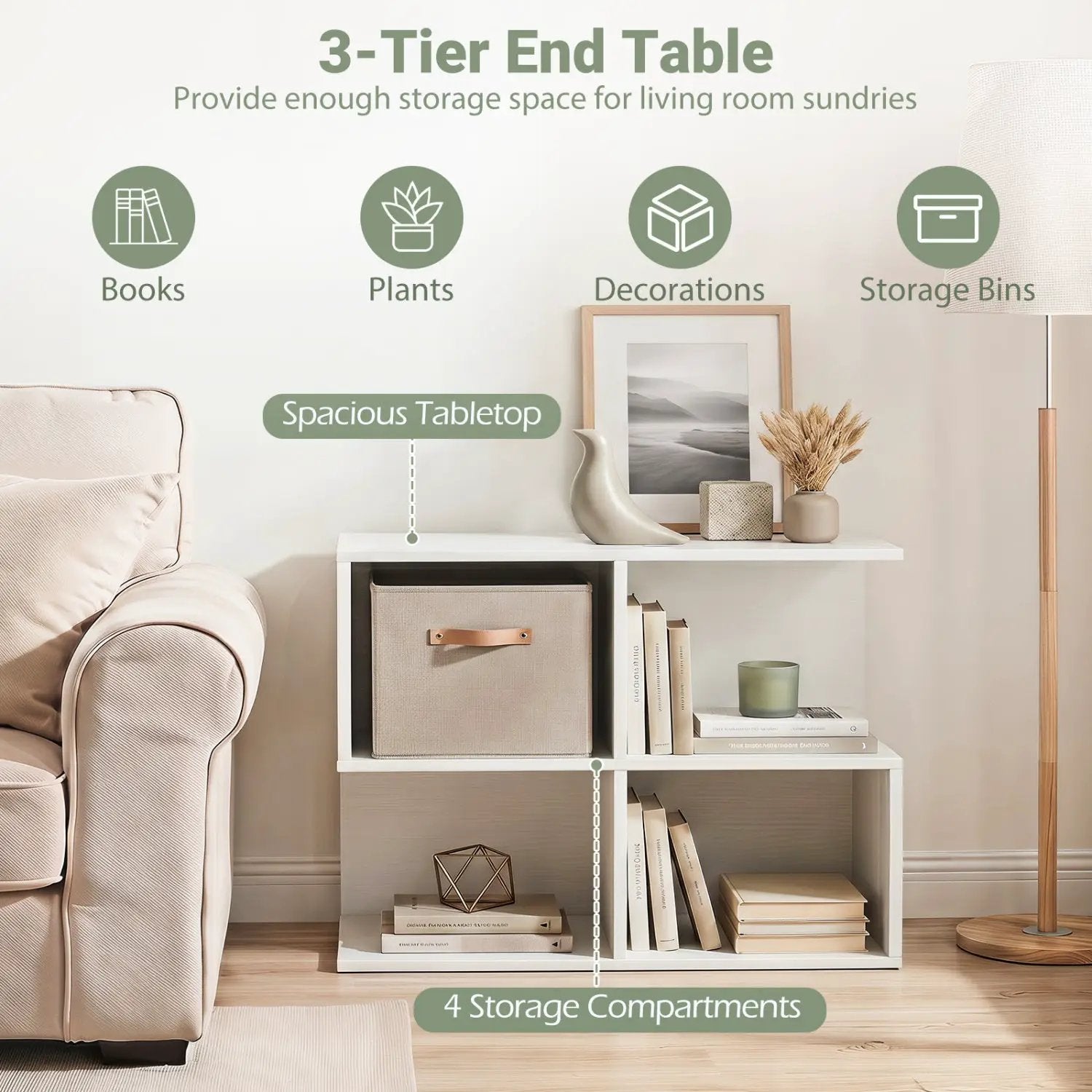 3-Tier S-Shaped End Table with 4 Storage Cubes by DirectDeals