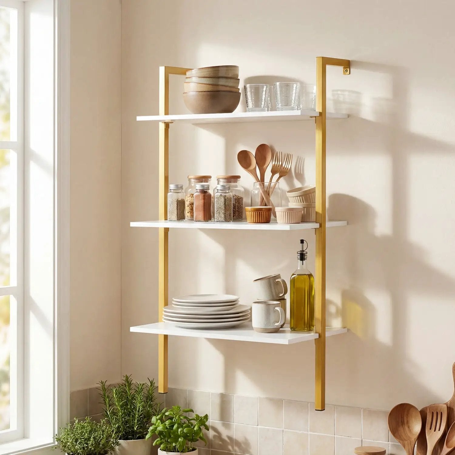 3-Tier Modern Wall Mounted Shelves Wooden Floating Shelving Unit Metal Ladder Bookshelf by DirectDeals