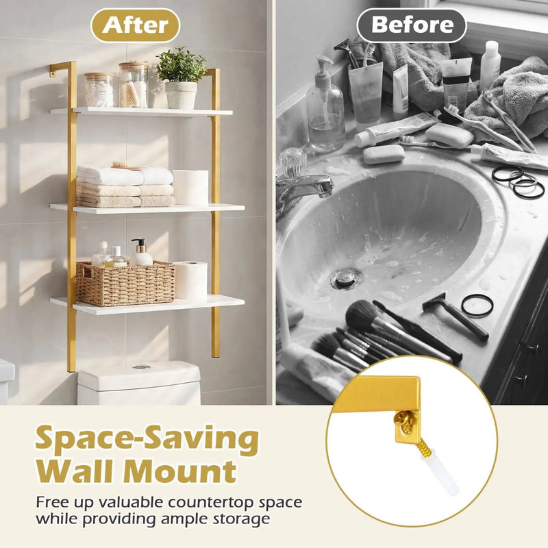 3-Tier Modern Wall Mounted Shelves Wooden Floating Shelving Unit Metal Ladder Bookshelf by DirectDeals