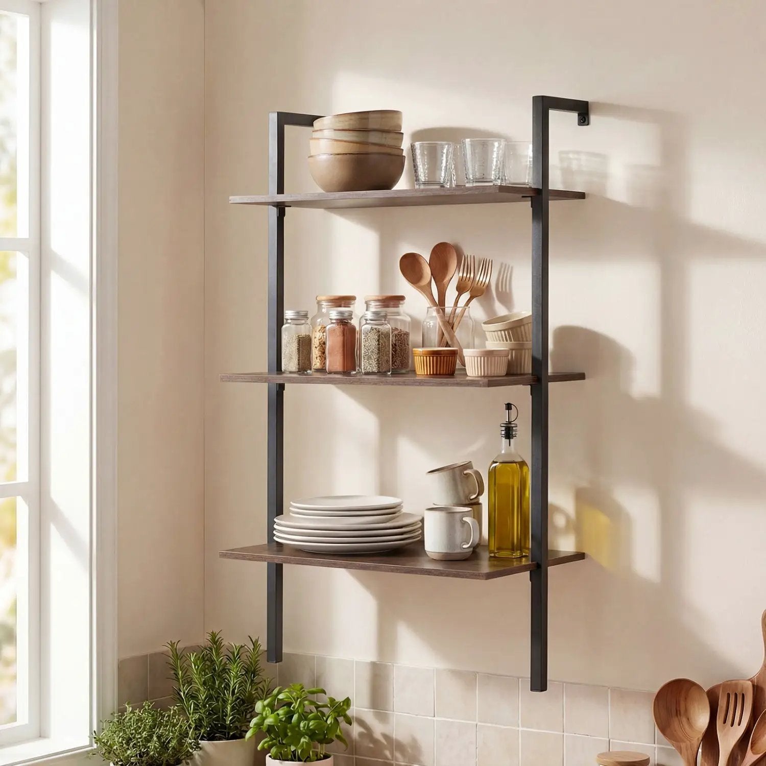 3-Tier Wall Mounted Ladder Bookshelf - Rustic Brown by DirectDeals