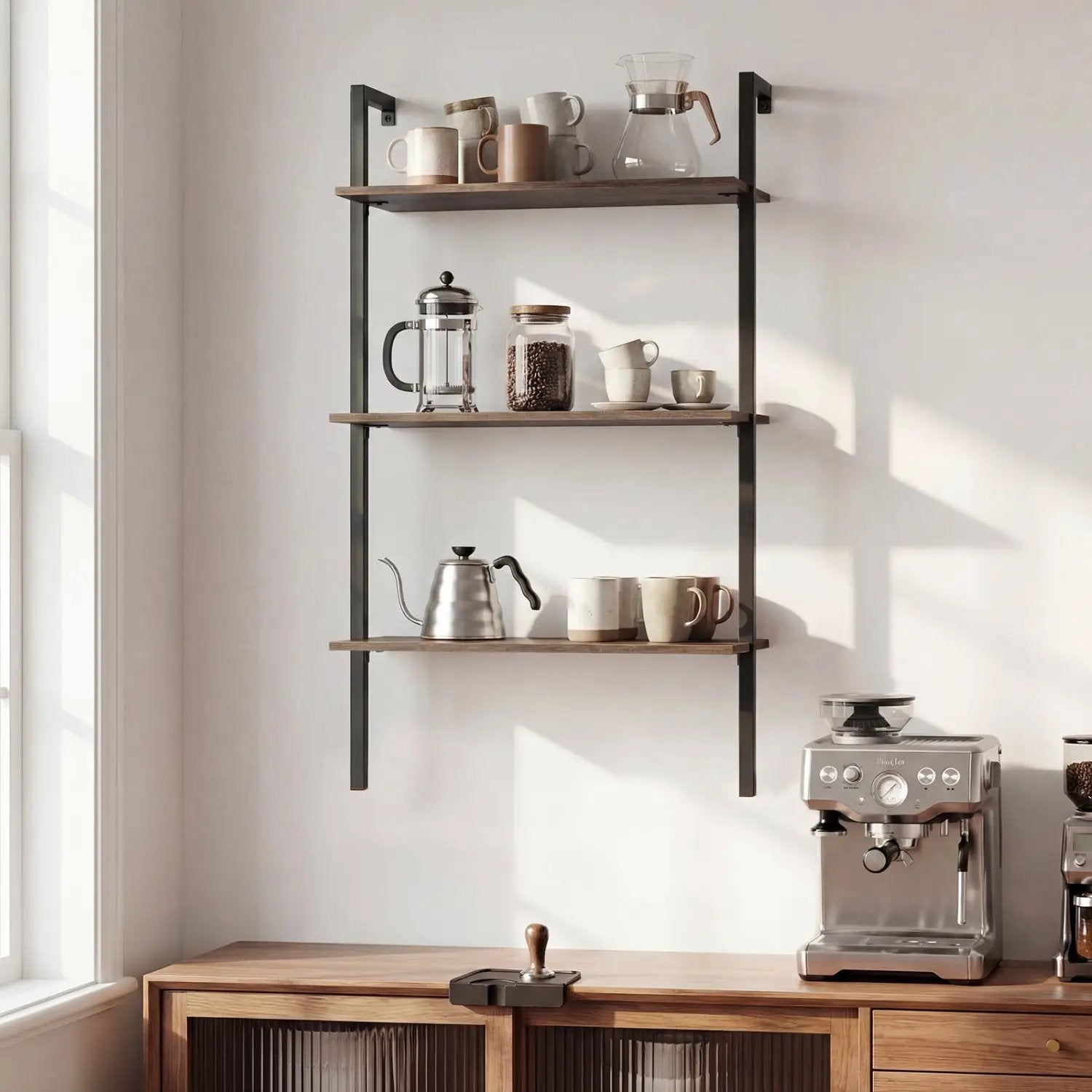 3-Tier Wall Mounted Ladder Bookshelf - Rustic Brown by DirectDeals