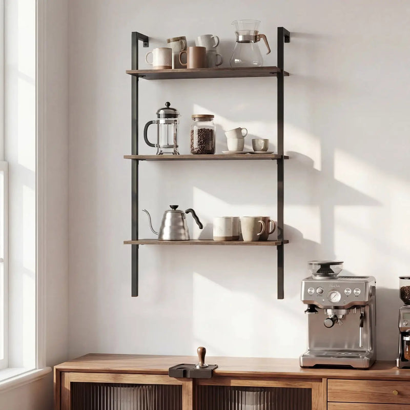 3-Tier Wall Mounted Ladder Bookshelf - Rustic Brown by DirectDeals