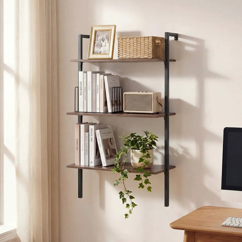 3-Tier Wall Mounted Ladder Bookshelf - Rustic Brown by DirectDeals