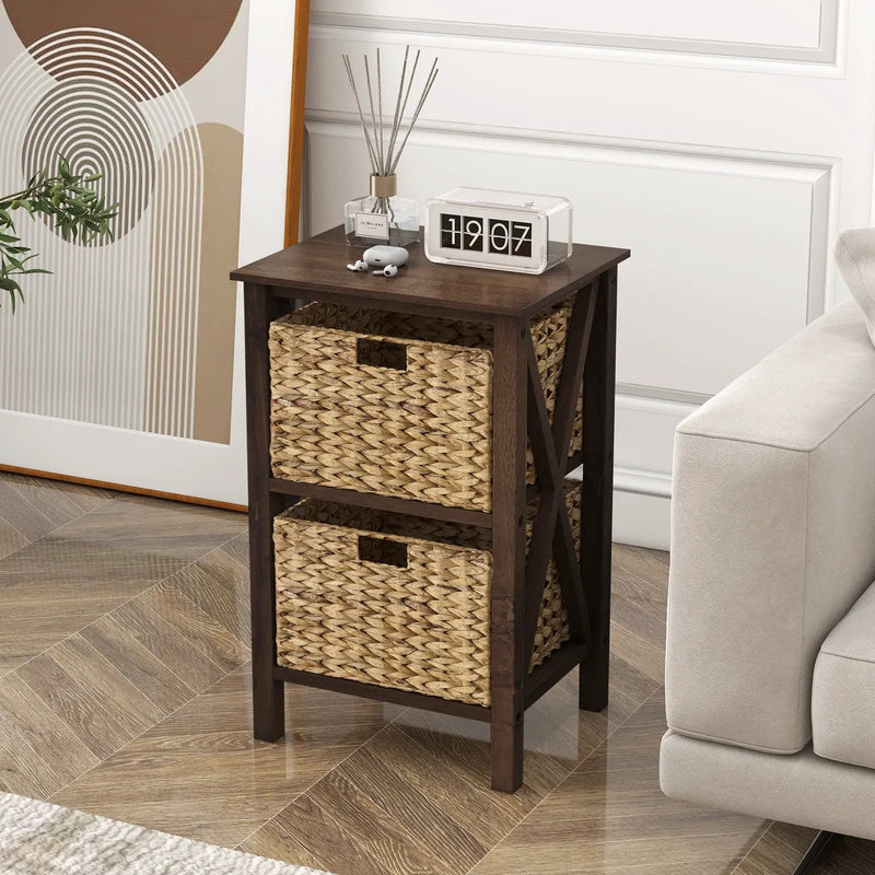 3/4-Tier Nightstand with 2 Seagrass Baskets Narrow X-Design-3 by DirectDeals