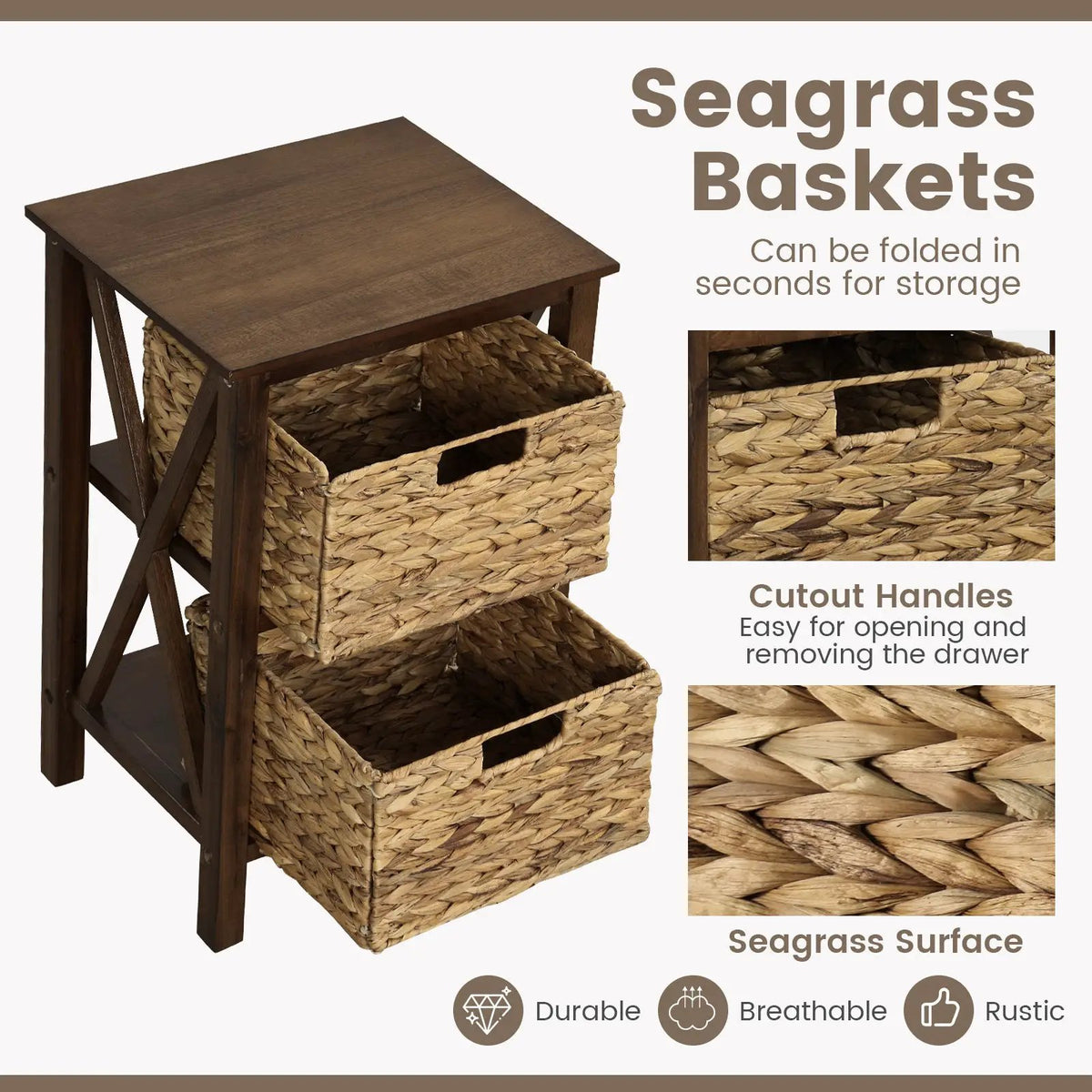 3/4-Tier Nightstand with 2 Seagrass Baskets Narrow X-Design-3 by DirectDeals