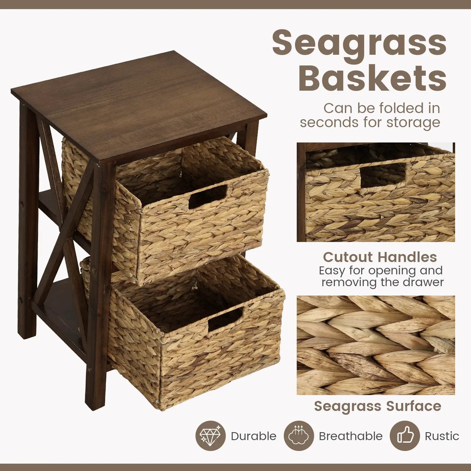 3/4-Tier Nightstand with 2 Seagrass Baskets Narrow X-Design-3 by DirectDeals