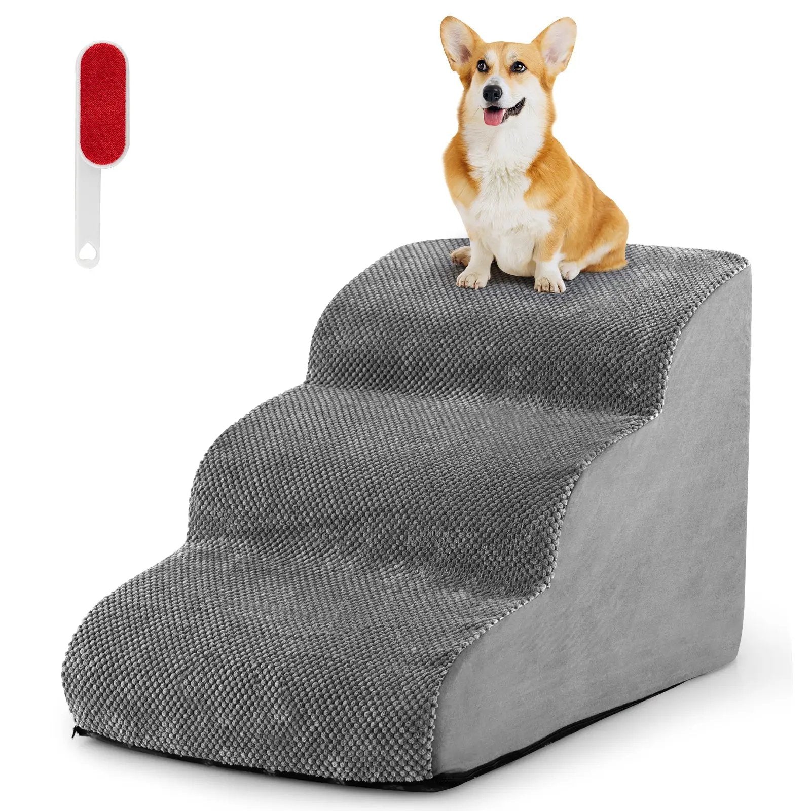 3-Tier Non-Slip Dog Steps with High-Density Sponge and Silicone Paw Prints-Gray by DirectDeals