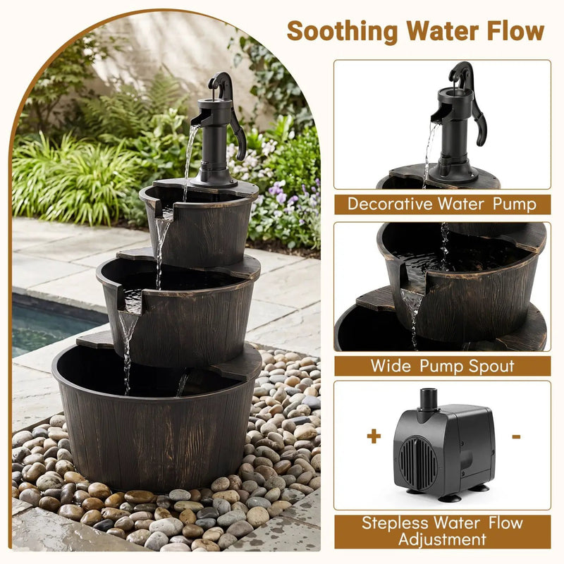 3-Tier Barrel Waterfall Fountain with Electric Pump by DirectDeals
