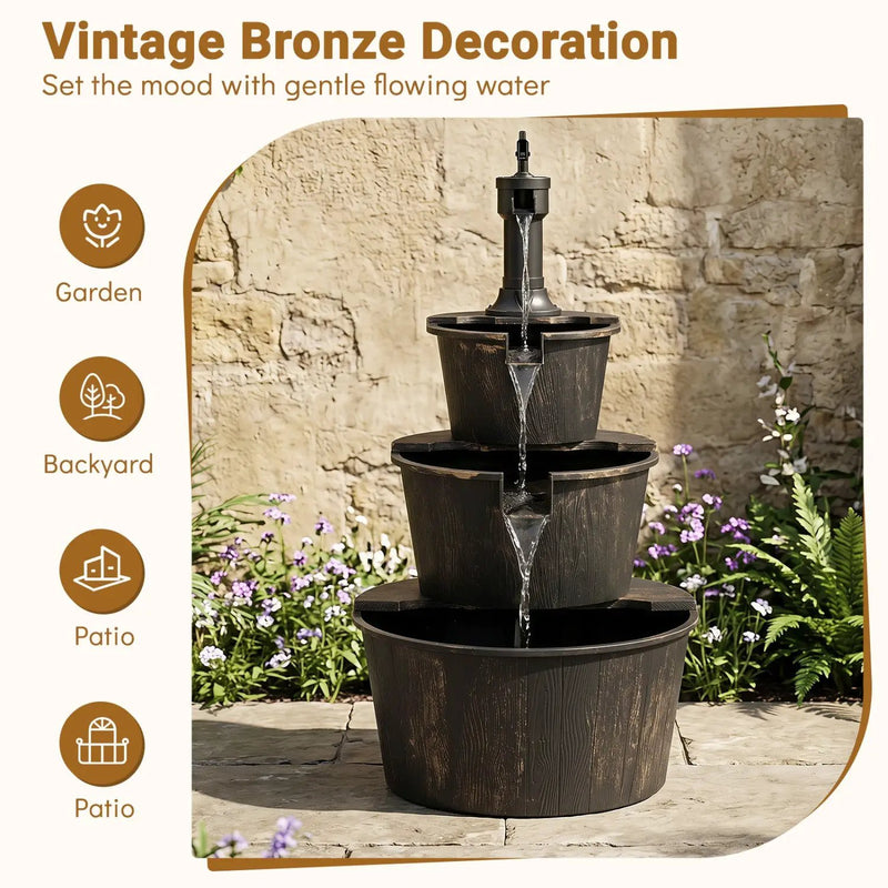 3-Tier Barrel Waterfall Fountain with Electric Pump by DirectDeals