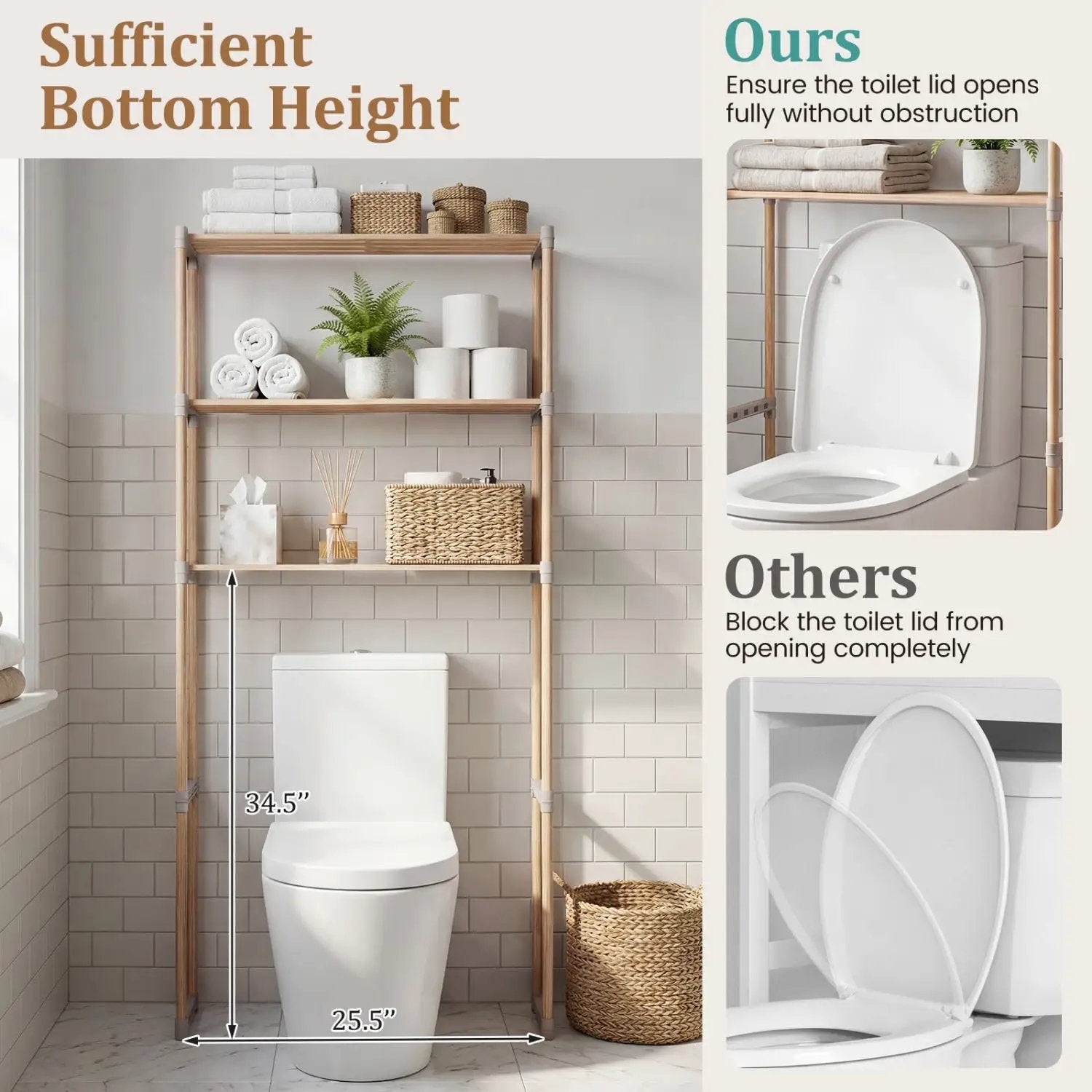 3-Tier Over The Toilet Storage Rack with Open Shelves-Gray by DirectDeals