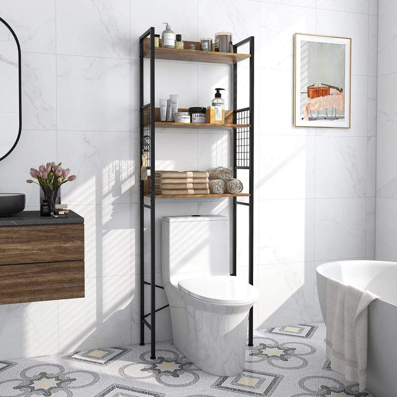 3-Tier Over-the-Toilet Storage Rack with 3 Hooks-Rustic Brown by DirectDeals