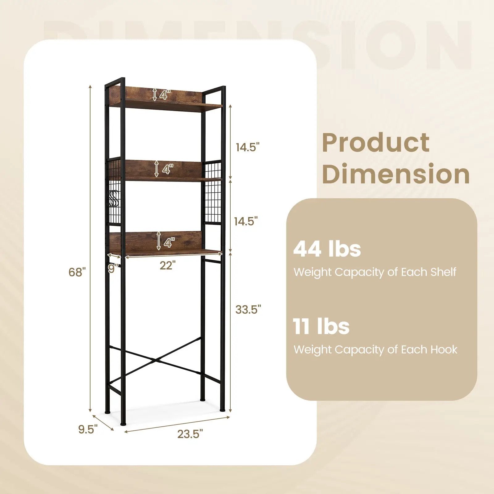 3-Tier Over-the-Toilet Storage Rack with 3 Hooks-Rustic Brown by DirectDeals
