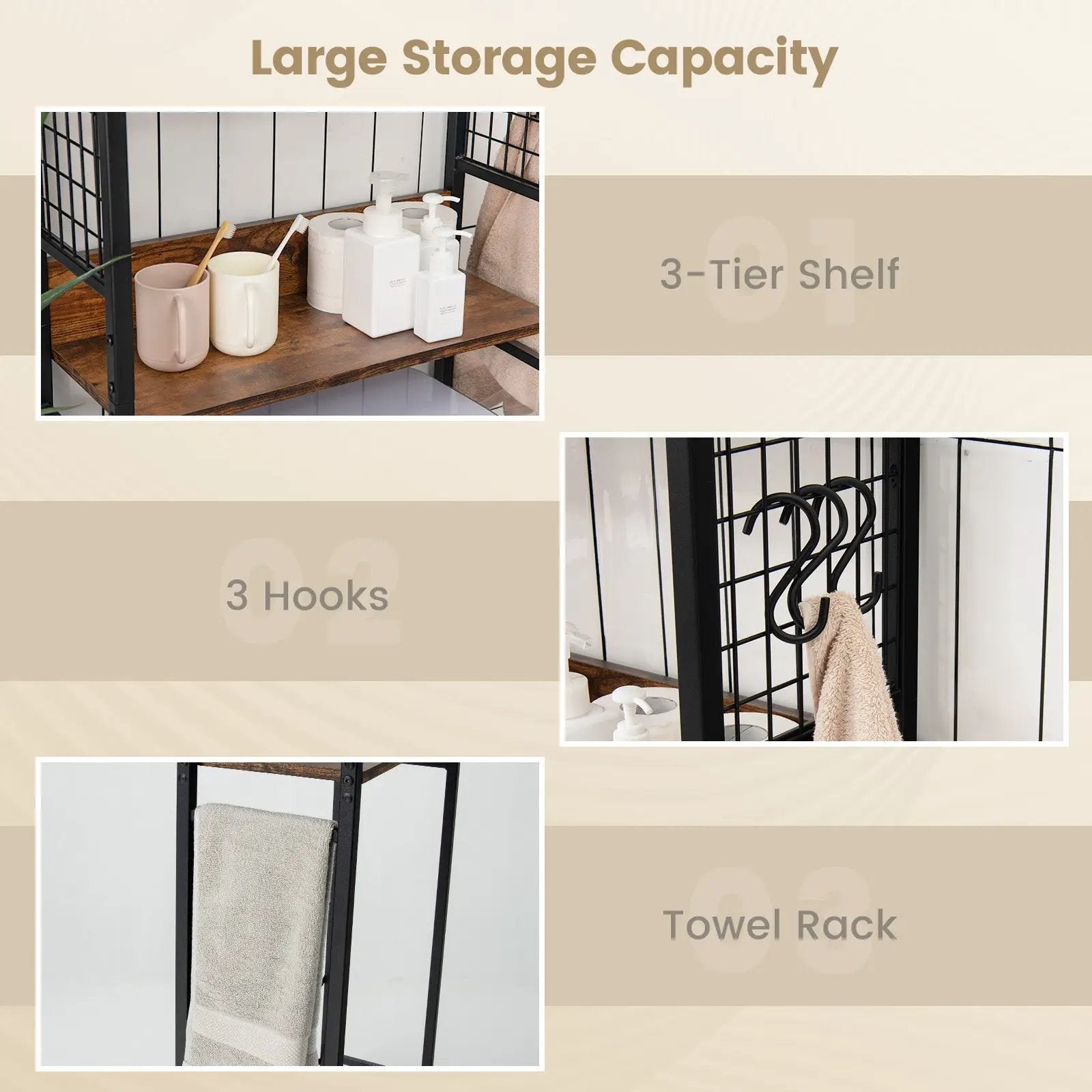 3-Tier Over-the-Toilet Storage Rack with 3 Hooks-Rustic Brown by DirectDeals