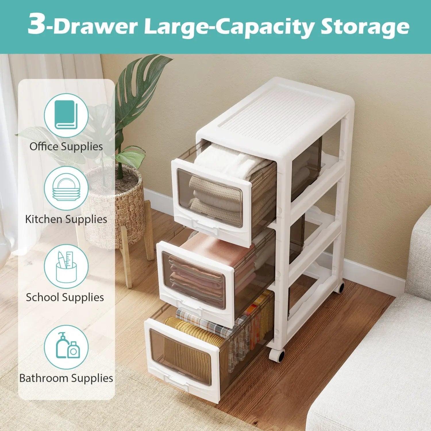 Rolling Storage Cart with Drawers and Lockable Wheels by DirectDeals