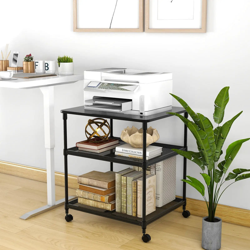 3 Tier Printer Stand Rolling Fax Cart with Adjustable Shelf and Swivel Wheels by DirectDeals