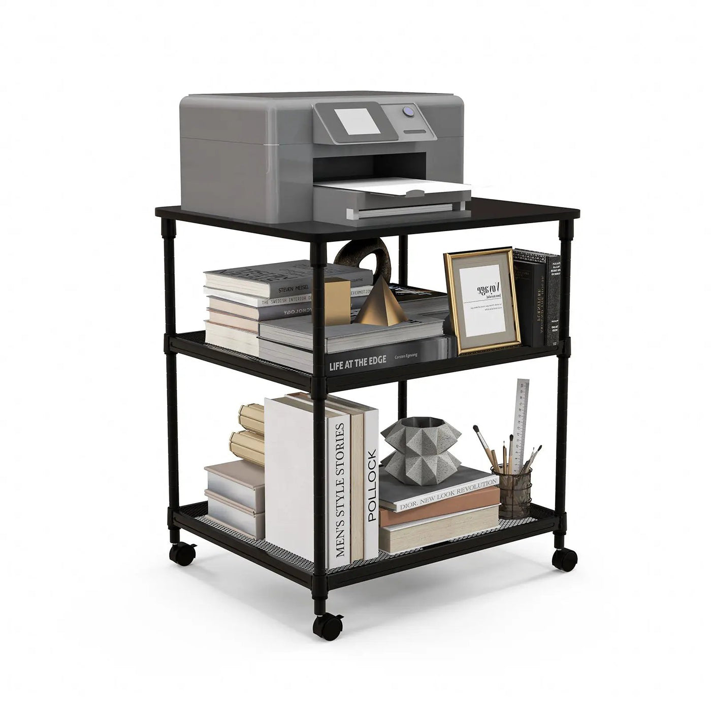 3 Tier Printer Stand Rolling Fax Cart with Adjustable Shelf and Swivel Wheels by DirectDeals