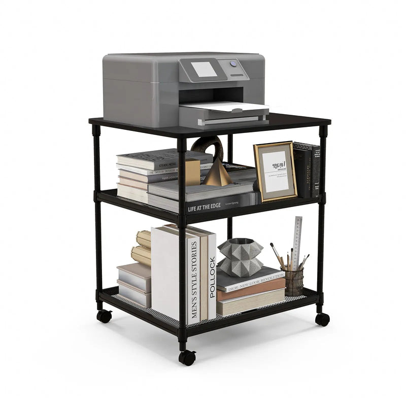 3 Tier Printer Stand Rolling Fax Cart with Adjustable Shelf and Swivel Wheels by DirectDeals