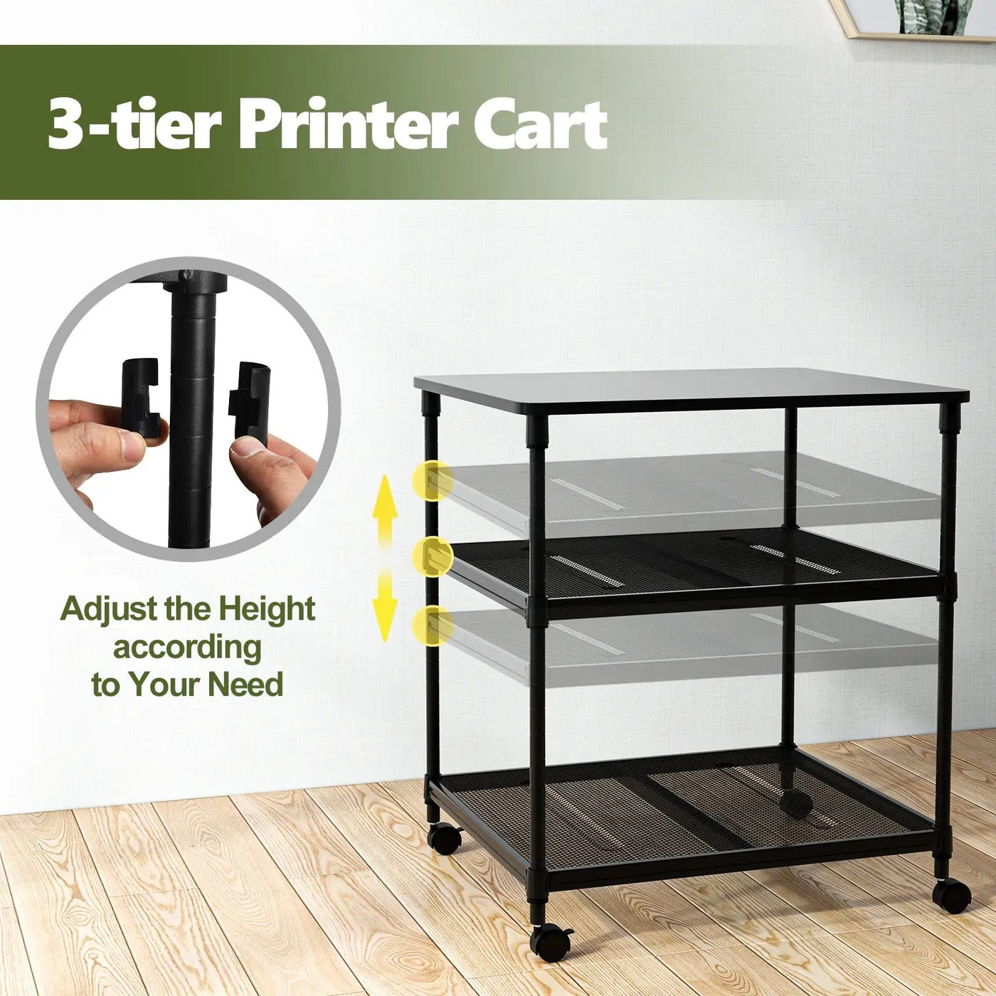 3 Tier Printer Stand Rolling Fax Cart with Adjustable Shelf and Swivel Wheels by DirectDeals