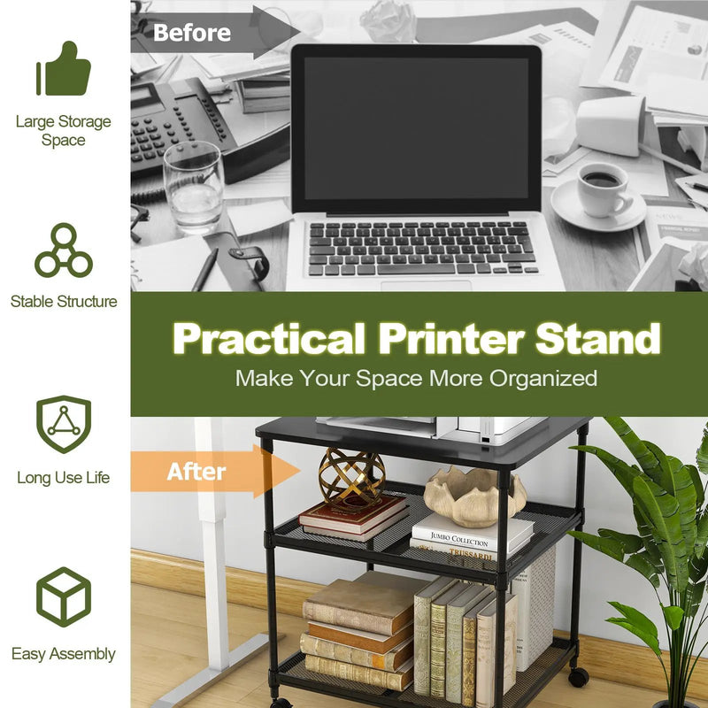 3 Tier Printer Stand Rolling Fax Cart with Adjustable Shelf and Swivel Wheels by DirectDeals