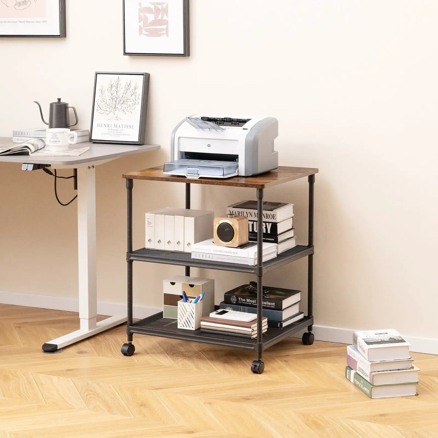3 Tier Printer Stand Rolling Fax Cart with Adjustable Shelf and Swivel Wheels by DirectDeals