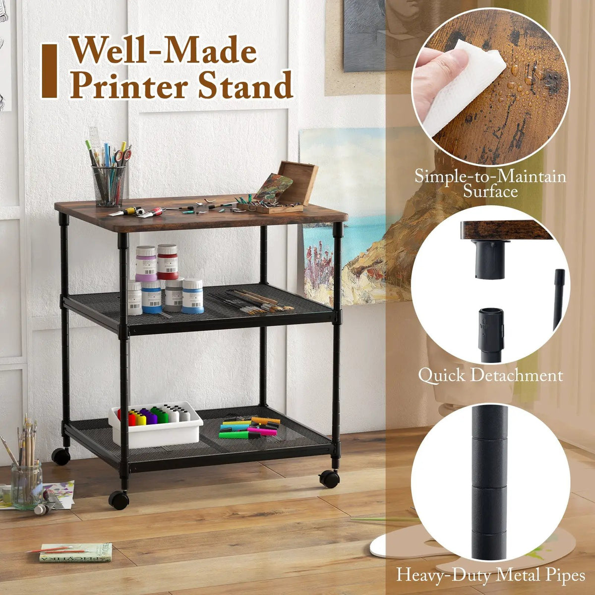 3 Tier Printer Stand Rolling Fax Cart with Adjustable Shelf and Swivel Wheels by DirectDeals