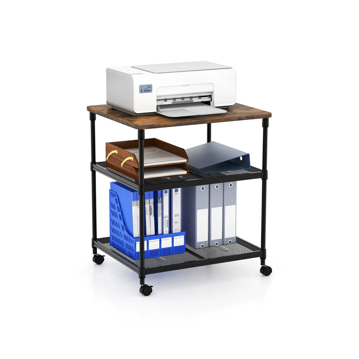 3 Tier Printer Stand Rolling Fax Cart with Adjustable Shelf and Swivel Wheels by DirectDeals