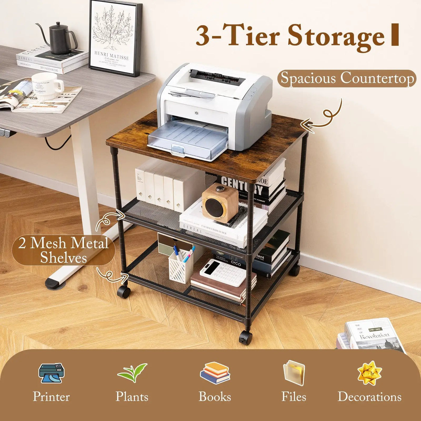 3 Tier Printer Stand Rolling Fax Cart with Adjustable Shelf and Swivel Wheels by DirectDeals
