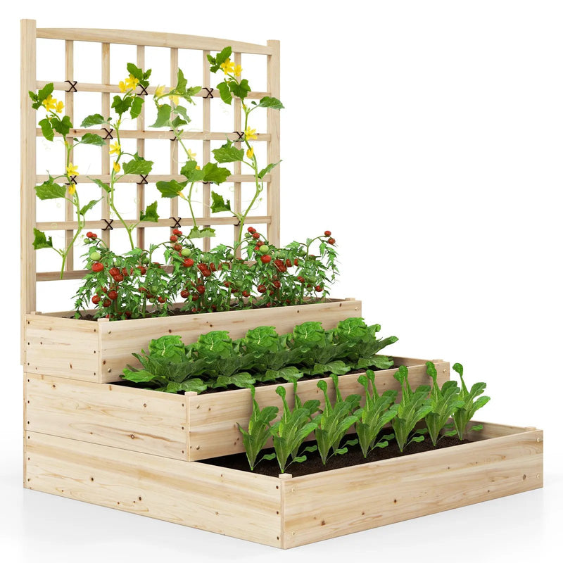 3-Tier Raised Garden Bed with Lattice Trellis and Open-Ended Base-Natural by DirectDeals