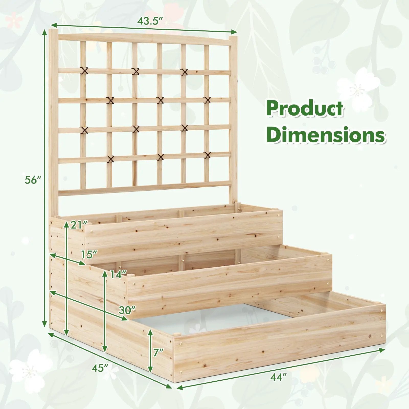 3-Tier Raised Garden Bed with Lattice Trellis and Open-Ended Base-Natural by DirectDeals