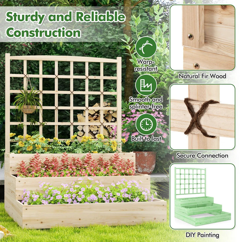 3-Tier Raised Garden Bed with Lattice Trellis and Open-Ended Base-Natural by DirectDeals