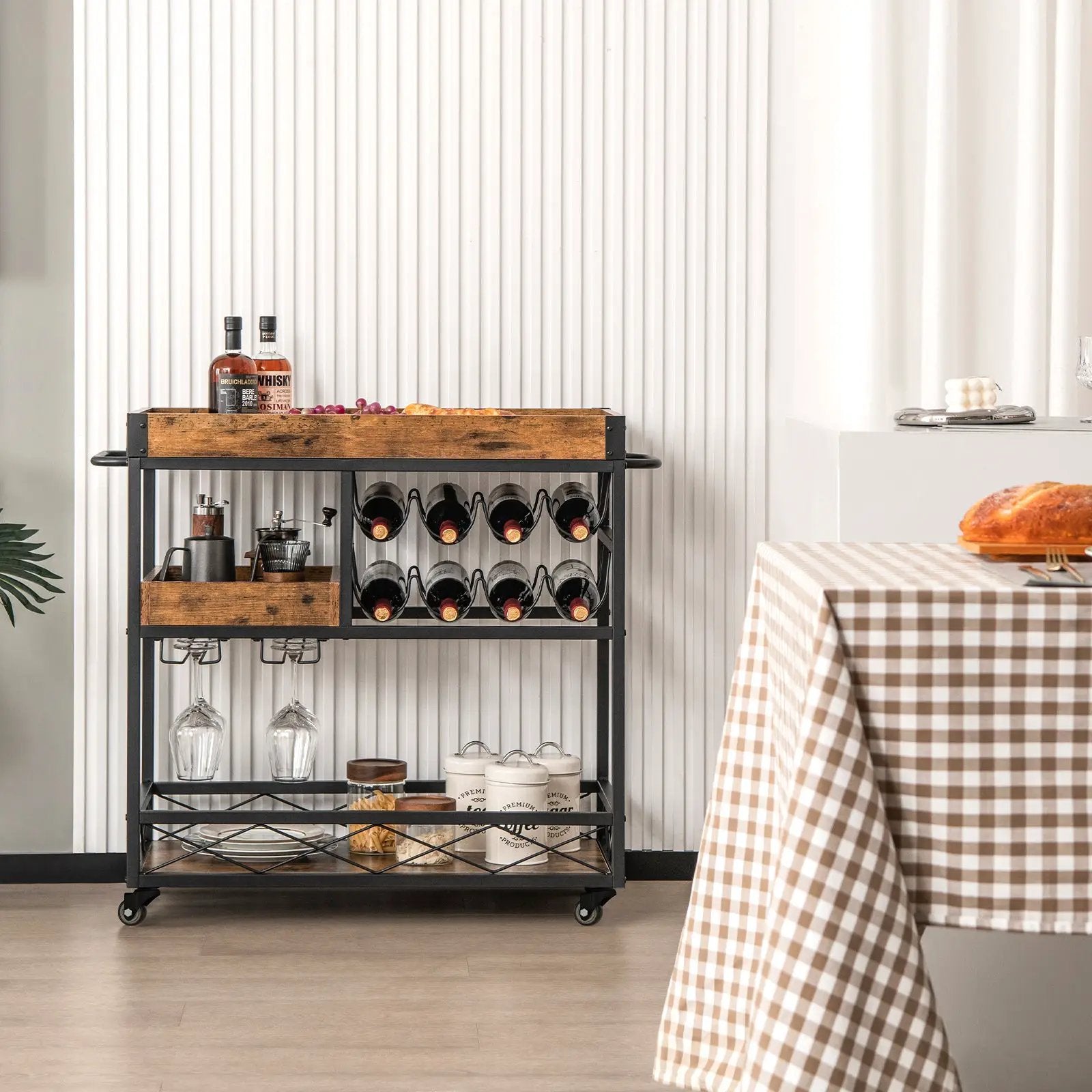 3-Tier Rolling Bar Cart with Removable Tray and Wine Rack-Rustic Brown by DirectDeals