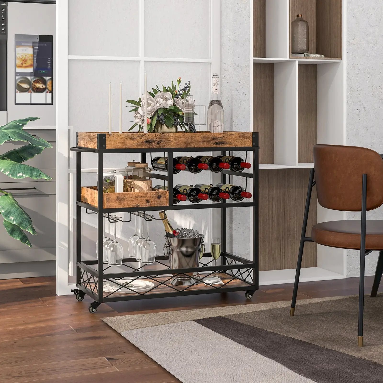 3-Tier Rolling Bar Cart with Removable Tray and Wine Rack-Rustic Brown by DirectDeals