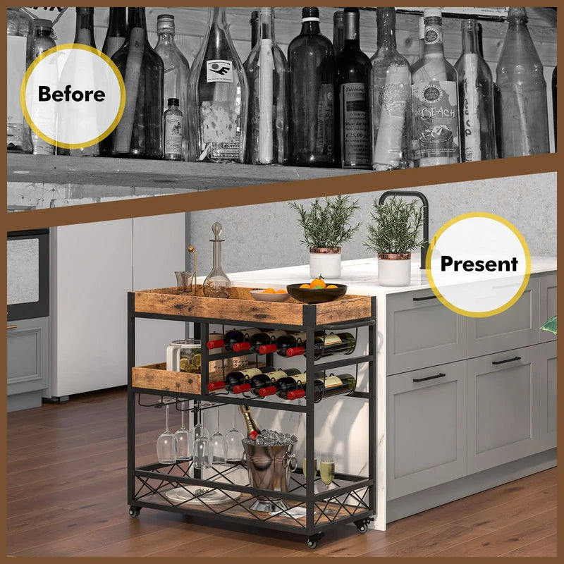 3-Tier Rolling Bar Cart with Removable Tray and Wine Rack-Rustic Brown by DirectDeals