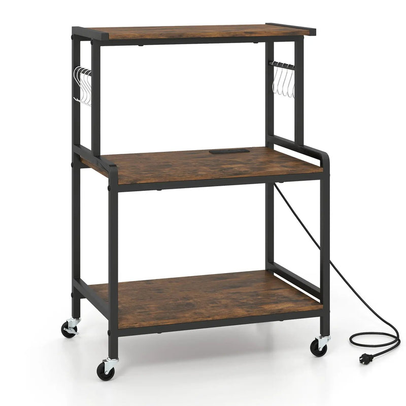 3-Tier Rolling Microwave Cart with Power Outlet and Hooks by DirectDeals