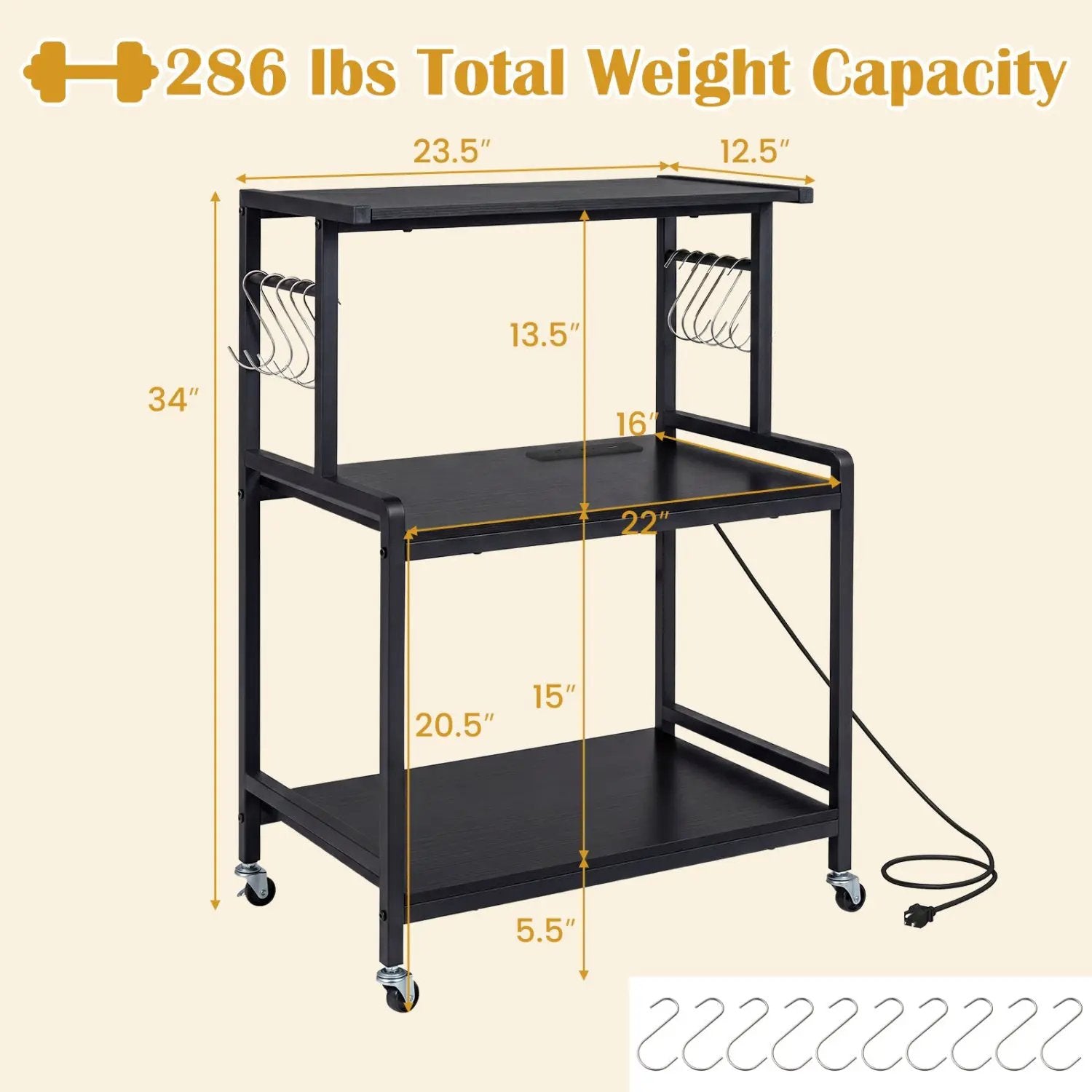 3-Tier Rolling Microwave Cart with Power Outlet and Hooks by DirectDeals
