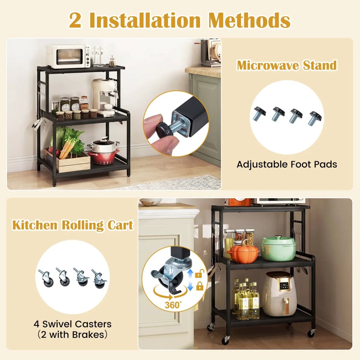 3-Tier Rolling Microwave Cart with Power Outlet and Hooks by DirectDeals
