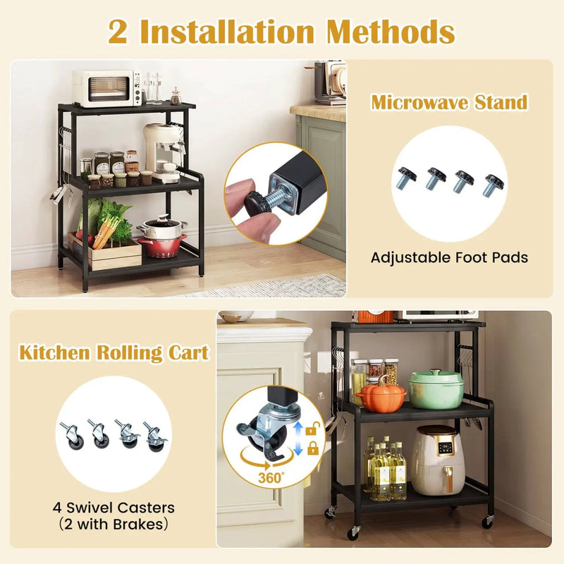 3-Tier Rolling Microwave Cart with Power Outlet and Hooks by DirectDeals