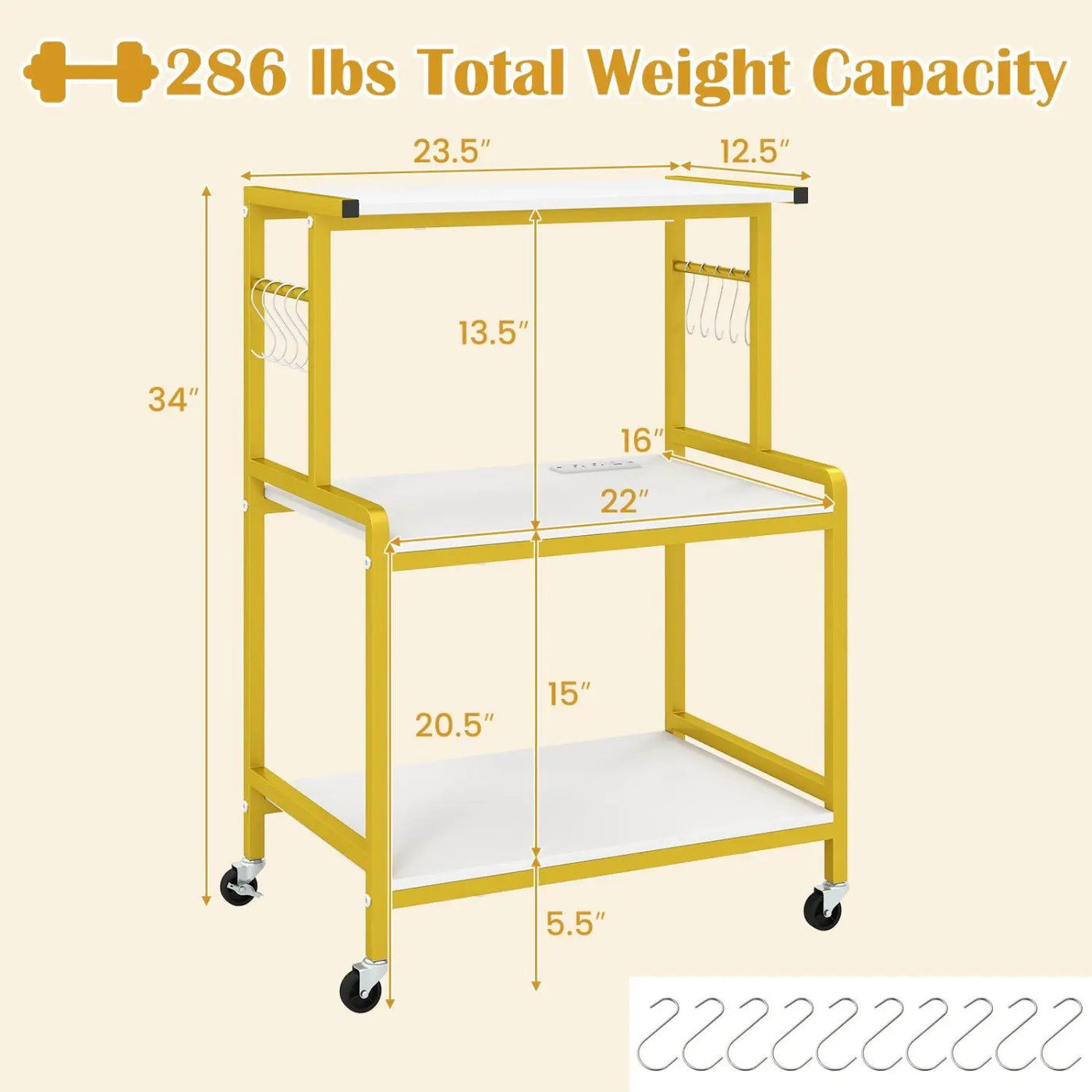 3-Tier Rolling Microwave Cart with Power Outlet and Hooks by DirectDeals
