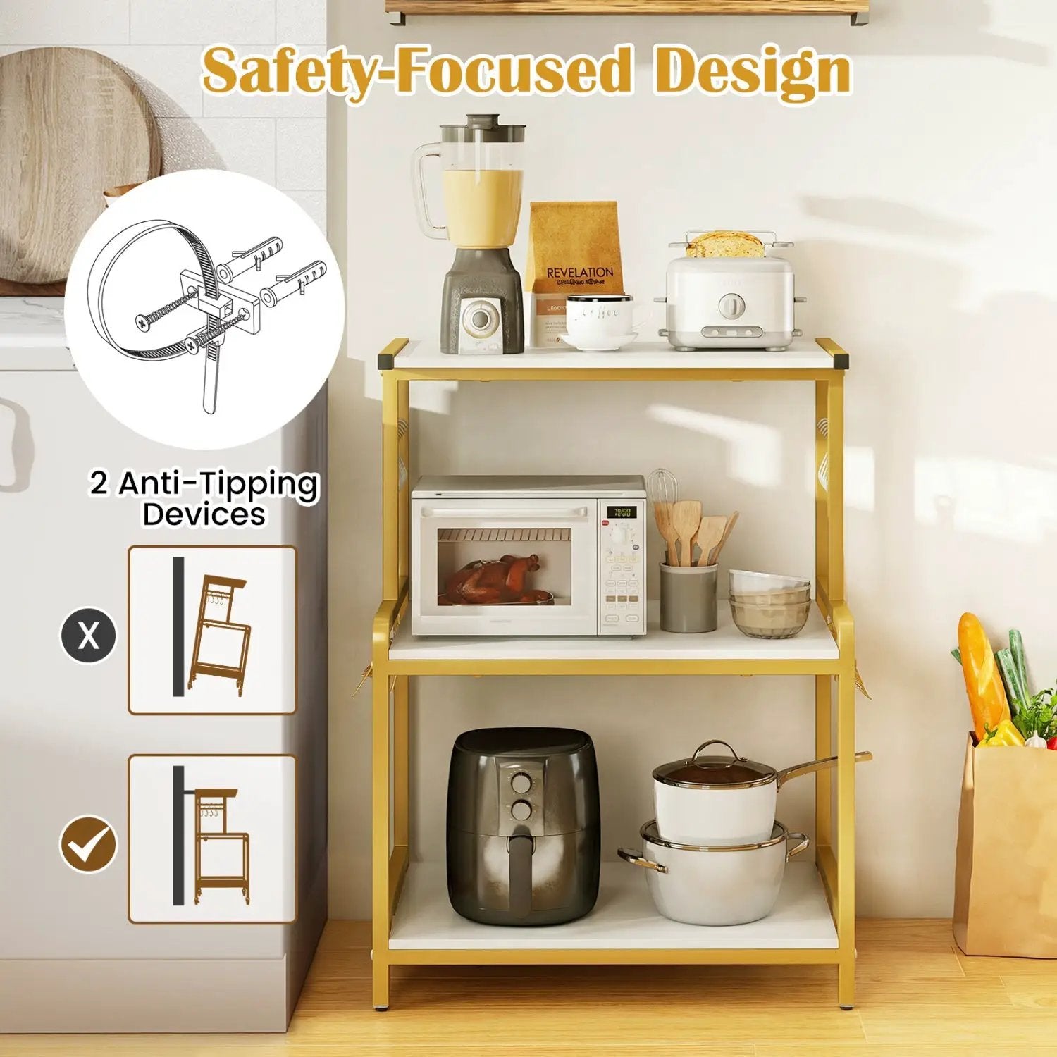 3-Tier Rolling Microwave Cart with Power Outlet and Hooks by DirectDeals