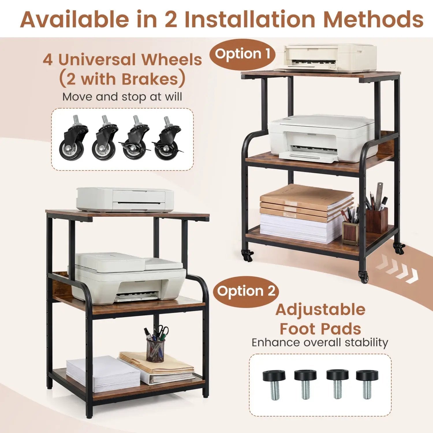 3-Tier Rolling Printer Stand with Adjustable Shelf by DirectDeals