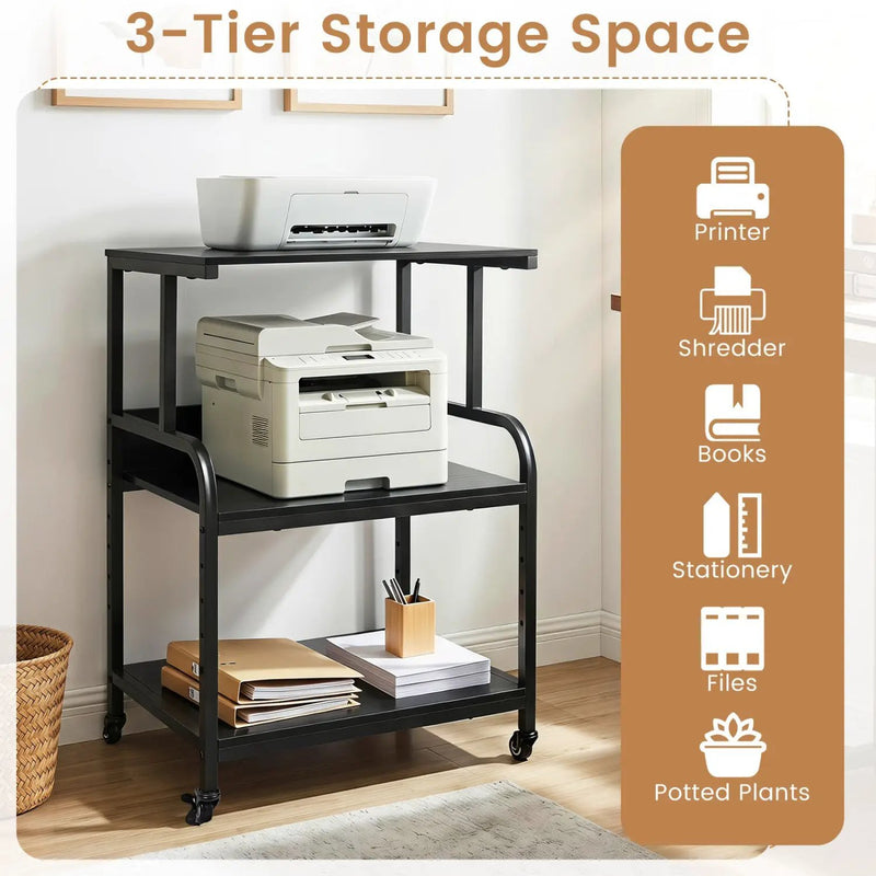 3-Tier Rolling Printer Stand with Adjustable Shelf by DirectDeals
