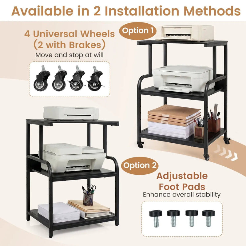 3-Tier Rolling Printer Stand with Adjustable Shelf by DirectDeals