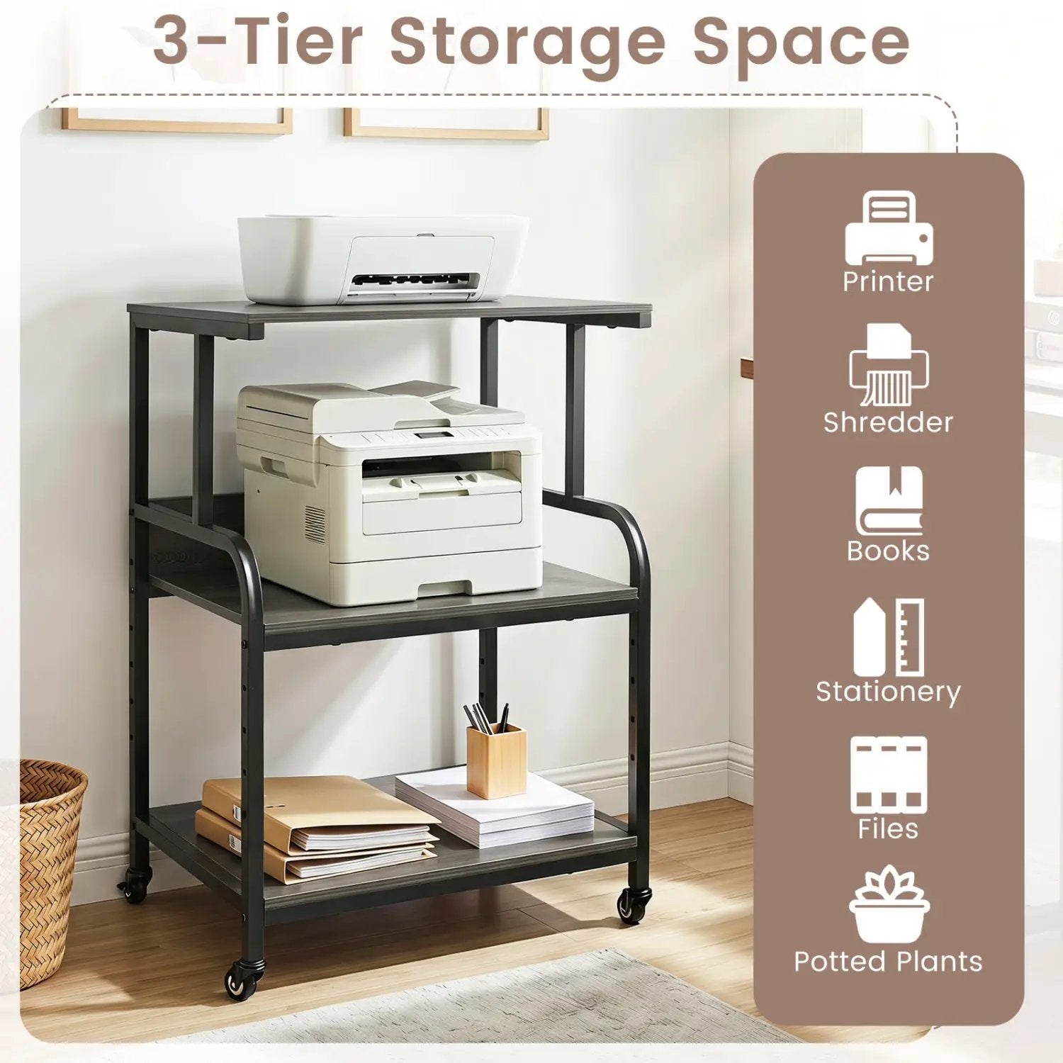 3-Tier Rolling Printer Stand with Adjustable Shelf by DirectDeals