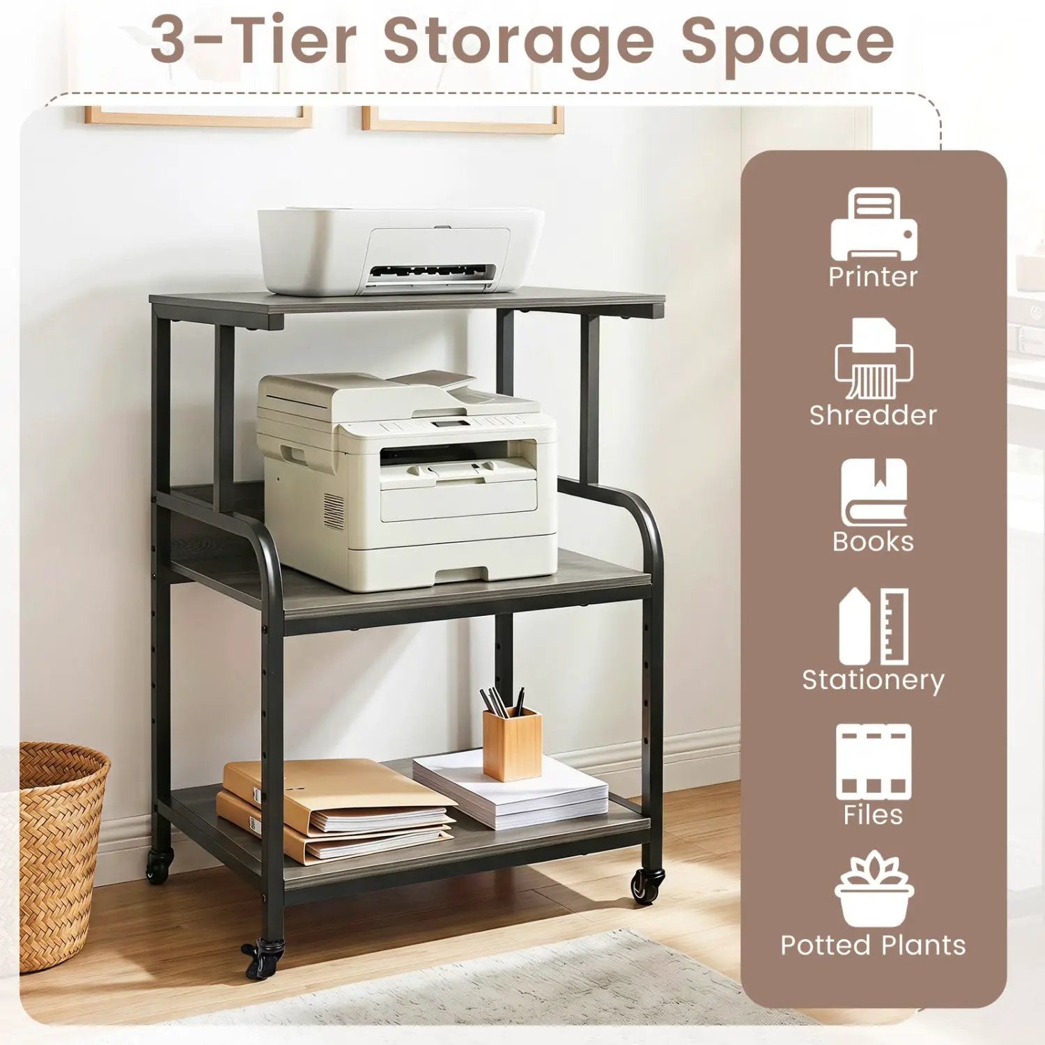 3-Tier Rolling Printer Stand with Adjustable Shelf by DirectDeals