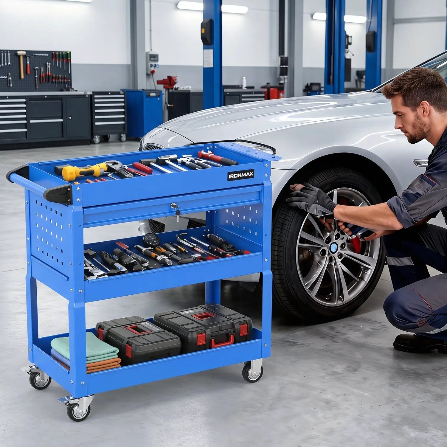 3-Tier Rolling Tool Cart with Lockable Drawer by DirectDeals