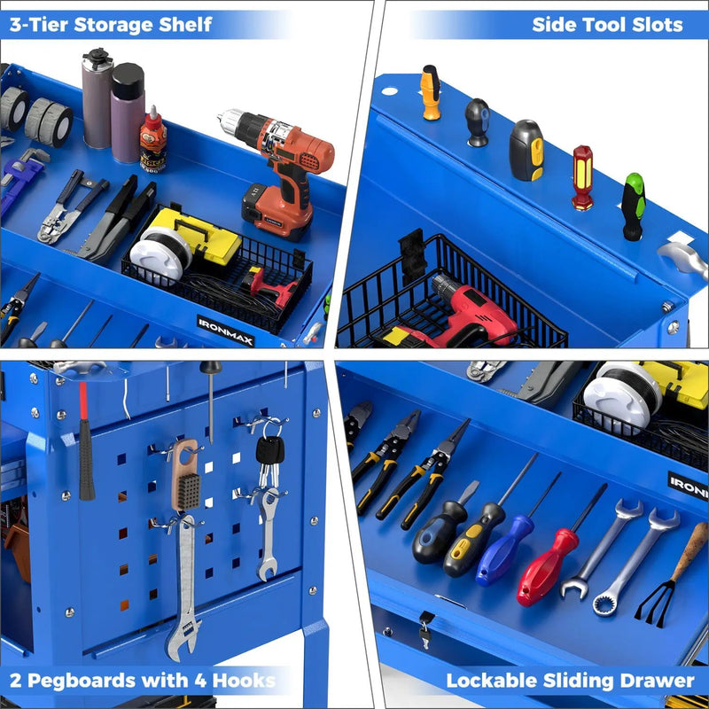 3-Tier Rolling Tool Cart with Lockable Drawer by DirectDeals